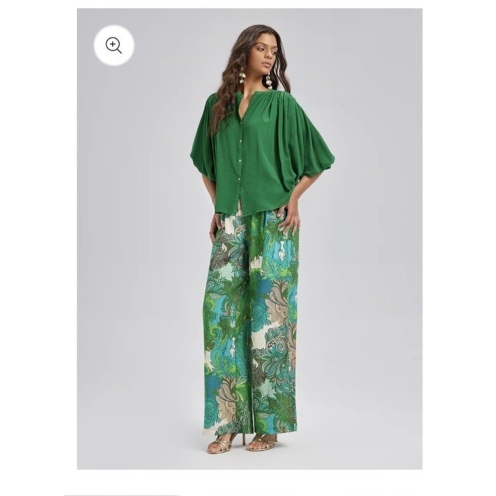 Rich Radi Qi's Elastic‎ Waist Floral Print Ramie Pants L Green Paisley Chic $289